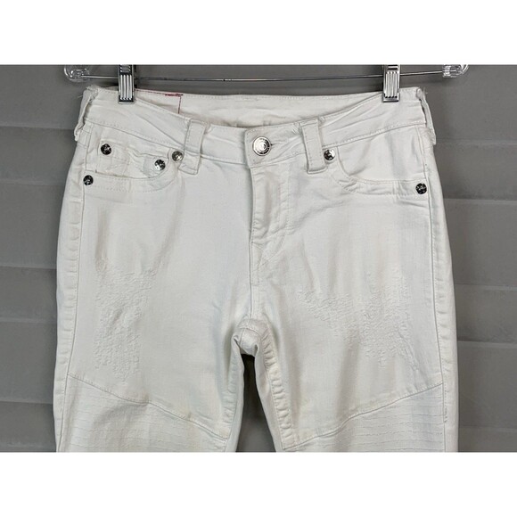 True Religion Women 27 Jeans World Tour Moto White Biker Ribbed Knee Stretch Y2K - Picture 6 of 14